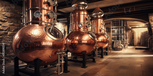 Three copper alembic stills in a distillery with stone walls and tiled floor