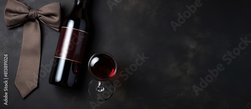The concept of Father s Day is depicted with a wine bottle tie and straps arranged on a dark brown background The top view allows for copy space in the image