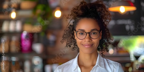 Portrait of a biracial woman with frizzy hair wearing a white shirt and glasses in a cafe. Concept Portrait Photography, Biracial Model, Frizzy Hair, White Shirt, Glasses, Cafe Setting