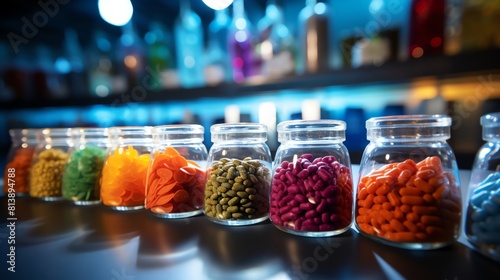Array of colorful pellet food arranged in a gradient, macro shot emphasizing the individual colors, with a blurred science lab setting behind
