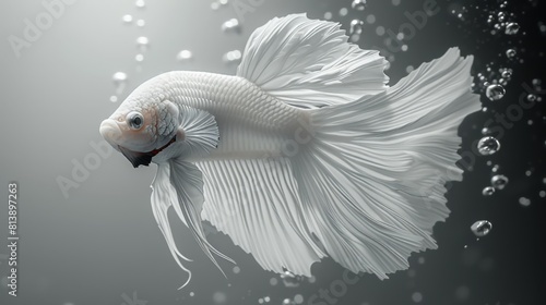 Elegant white betta fish swimming gracefully with delicate fins in water