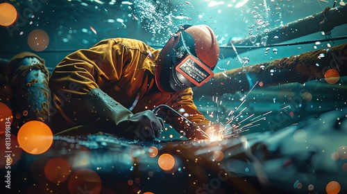 A realistic photo of an underwater welding worker in the ocean of metal pipes, with sparks and bubbles around the worker. 3D rendering illustration of man in diving suit working on underwater oil pipe