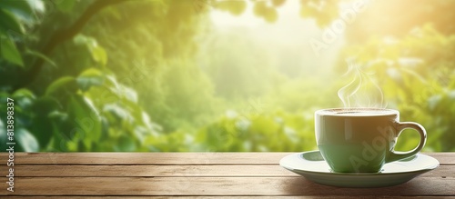 Morning coffee on a green bokeh background with ample space for your own images