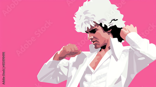 Retro 70s illustration of a man with a perm in a white suit on a pink background