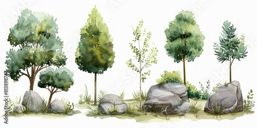 Simple trees bushes set on white background