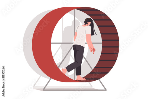 Tired woman walks on hamster wheel, feeling burnout and frustration due to overwork