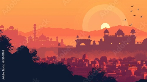 Minimalist of Iconic Jaipur Palace Cityscape at Sunset with Vibrant Sky and Silhouetted Architectural Landmarks