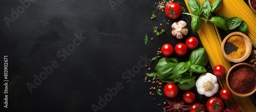 The Italian food background features a variety of ingredients like tomatoes basil spaghetti pepper olive oil and garlic arranged on a slate background with a wooden spoon added for visual interest