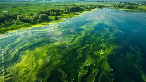 a top view of a river with green algae. The river is wide and the algae are bright green.