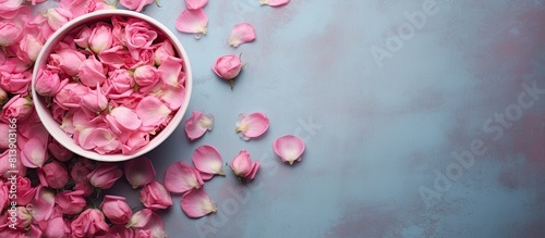 A top down view of pink rose buds floating out of a pink dotted cup on a concrete backdrop with ample space for text or images
