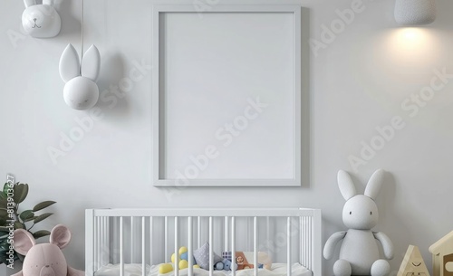 3D rendering white frame mockup in a child's room with a baby crib and toys, close up, white background, minimalistic style, soft lighting, high resolution