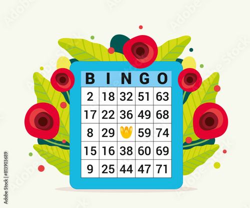Illustration d'un carton de bingo bleu décoré de fleurs rouges et de feuilles vertes, jeu de hasard avec des numéros gagnants, loto pour personnes âgées, affiche pour événements de quartier