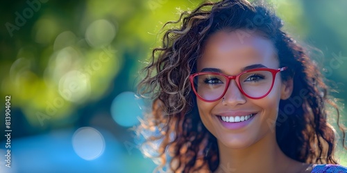 Portrait of a biracial woman with frizzy hair and red glasses smiling outdoors on a sunny day. Concept Outdoor Photoshoot, Portraits, Diversity, Frizzy Hair, Red Glasses