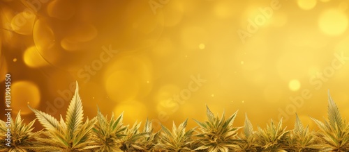 A golden background displays cannabis leaves offering copy space The inclusion of CBD oil makes it a captivating marijuana banner