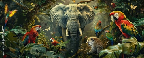 3d wallpaper, jungle landscape with elephant parrots and monkey in the center of frame, colorful, detailed