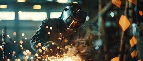 Welder in a protective mask welding metal at a factory with sparks flying around. Backlit. High detail, high resolution photo, realistic, shot on a Sony A7R camera with natural light.
