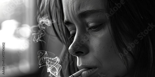 A woman holding a cigarette in her mouth. Suitable for anti-smoking campaigns