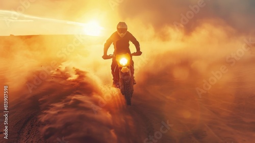 An off-road rider with a Motocross motorcycle drives over the dune and farther down the track. It is sunset and the track is covered in smoke and mist.