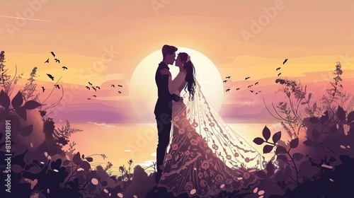 an enchanting couple in pre-wedding bliss, with intricate lace details on her dress and his tailored suit, set against a dreamy sunset backdrop