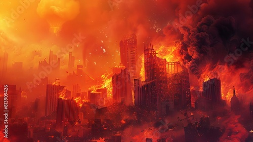 Capture a dystopian cityscape engulfed in the fiery glow of a raging wildfire