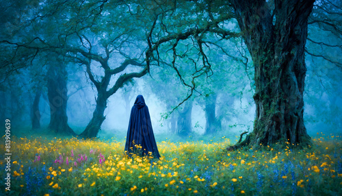 A cloaked person stands on a forest path surrounded by vibrant flowers, gazing at a giant tree bathed in moonlight.