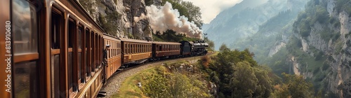 A vintage steam train traversing through the breathtaking mountains of CariARCHI. White clifftop and lush greenery, with scenic views of valleys and rivers. The exterior is in an old-fashioned style,