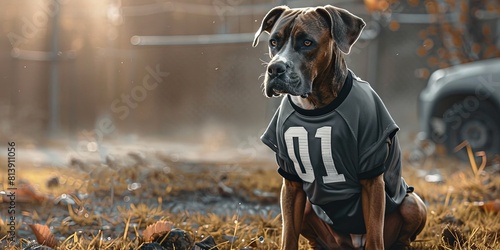 Dog wearing black sports jersey with number 01 on it to root for the home team