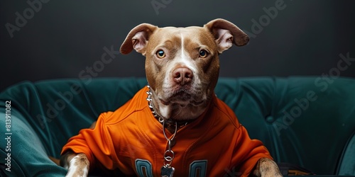 Dog wearing orange sports jersey with number 01 on it to root for the home team