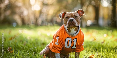 Dog wearing orange sports jersey with number 01 on it to root for the home team