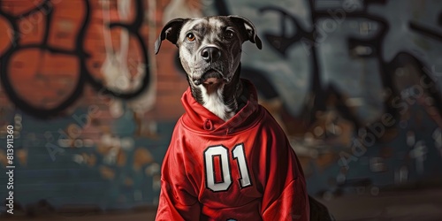 Dog wearing red sports jersey with number 01 on it to root for the home team