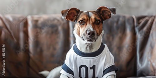 Dog wearing white sports jersey with number 01 on it to root for the home team