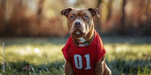 Dog wearing red sports jersey with number 01 on it to root for the home team