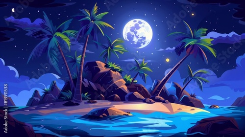 A tropical island at night with palm trees, rocks, and a full moon in the sky. Modern cartoon illustration of summer seascape with tropical shores and sand beaches in moonlight. Travel and vacation