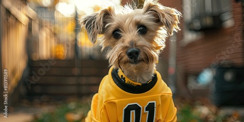 Dog wearing yellow sports jersey with number 01 on it to root for the home team