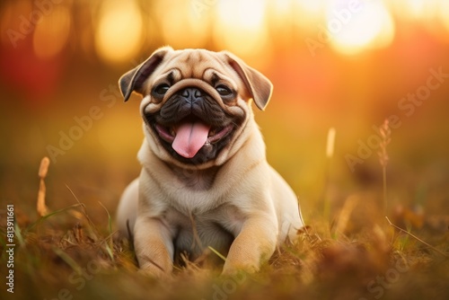 Joyful pug puppy lies on the grass with a vibrant sunset backdrop, tongue out, in a relaxed pose