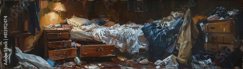 Design an oil painting portraying a side view of a messy bedroom