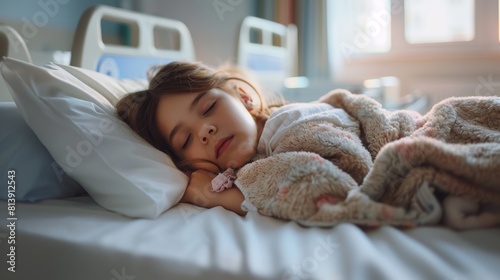 An adorable little girl sleeps on a bed in the Children's Hospital. A caring mother covers her with a blanket and caresses her forehead. Children's Hospital with Top Quality Medical Care.