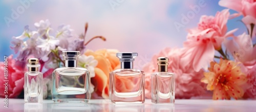 Copy space image of perfume bottles and flowers on a bright background