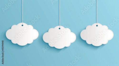 Realistic 3D modern mockup set of wobbler speech bubbles. Printed white promotion clouds stickers on plastic transparent strip. Isolated clear pricing labels.