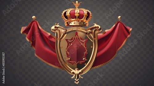 Golden monarch crown, shield and red folded cloth or cape, heraldic royal emblem isolated on transparent background. Medieval gold king emperor sign. Realistic 3D modern illustration.