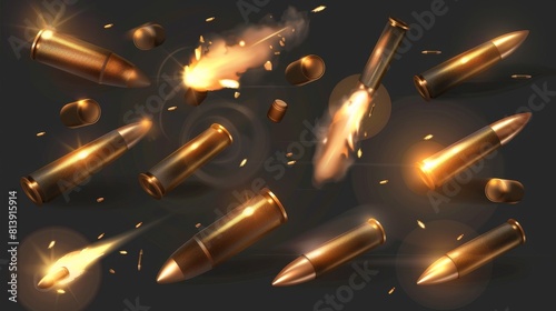 Bullets flying with fire and smoke traces. Military handgun shoot trails, gunshots still in motion, weapon metal shots, ammo isolated on a black and transparent background, realistic modern set.