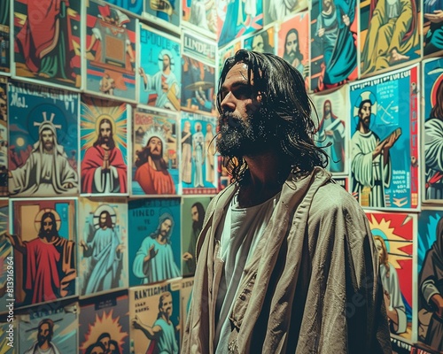 A man with long brown hair and a beard, wearing a white robe, standing in front of a wall of colorful religious icons.