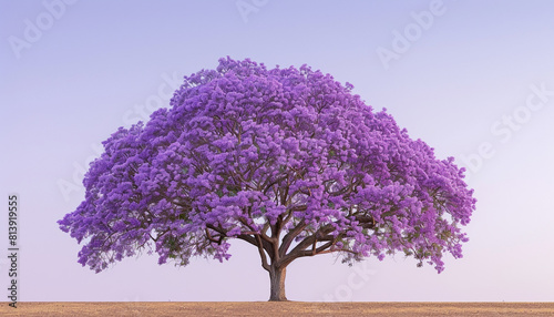 A detailed photograph of a lone jacaranda tree with vibrant purple blossoms, standing in isolation against a clear sky, creating a visually striking scene