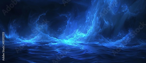 Blue ocean waves crashing against a dark stormy sky.