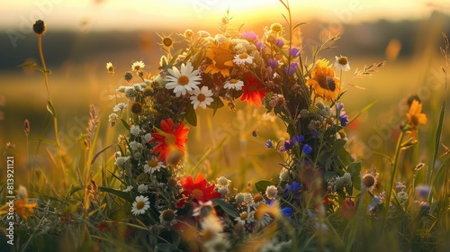 A flower wreath adorning a sunlit meadow on Summer Solstice Day embodies the essence of Midsummer celebrations with its enchanting blend of floral traditional decor Rooted in pagan witch tr