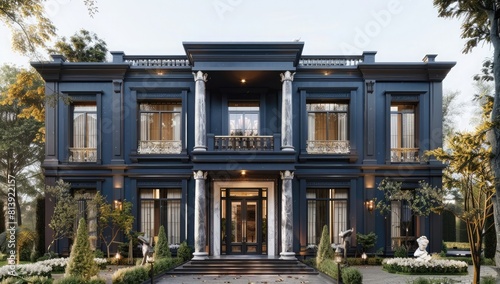 A classic and elegant twostory villa with dark blue exterior walls, white decorative lines on the windows, marble door frames, and an entrance halli?OE architectural rendering, high quality