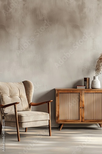 Scandinavian elegance beige armchair and wooden cabinet in modern living room
