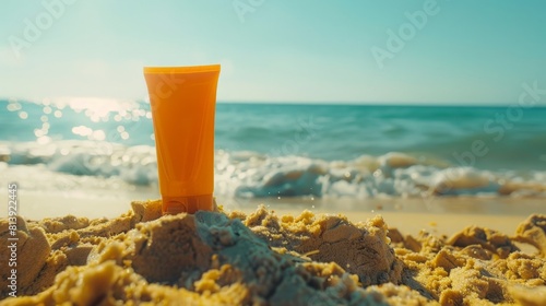 An orange cup resting on top of a sandy beach, with waves gently lapping in the background.