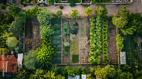 Aerial View of Community Garden in City Park with Cultivated Vegetable Plots