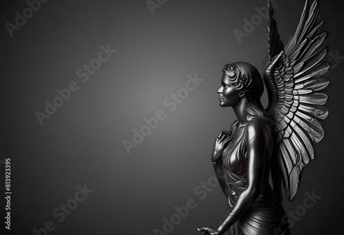 3d black angel on black background with copy space for obituary notice, funeral announcement, necrology